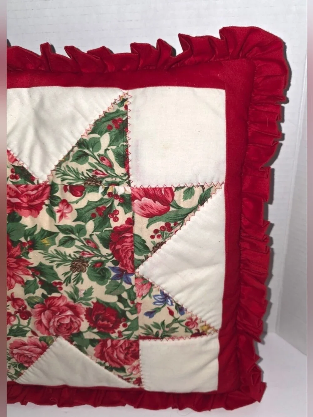 Vintage Handmade Quilted Pillow Floral Patchwork Star Ruffle Cottagecore Cottage